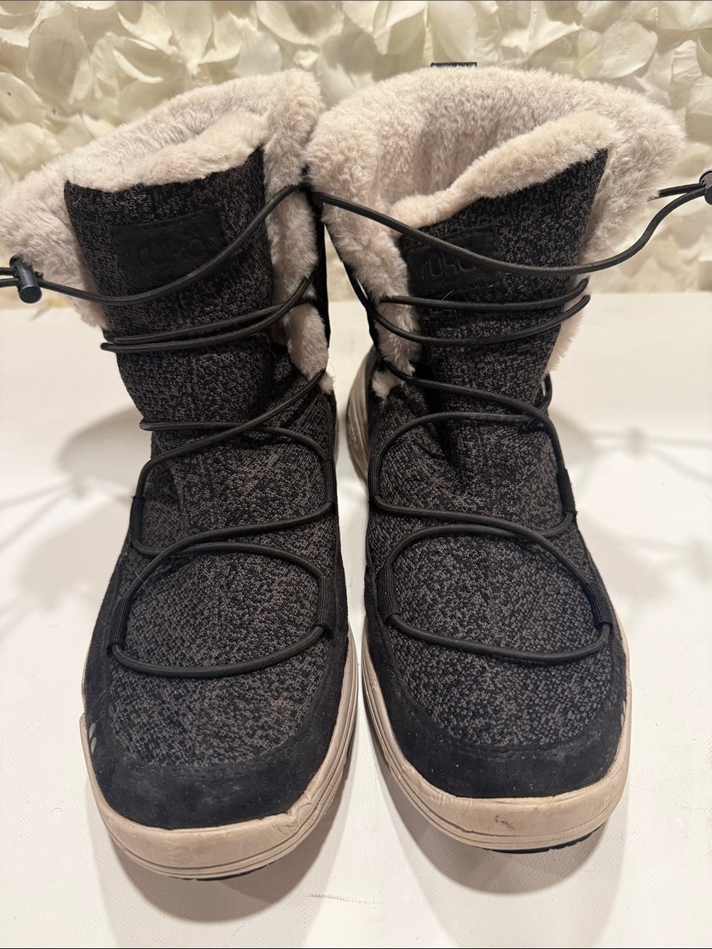 Ryka Black Knit Winter Boots with Cream Faux-Fur Collar